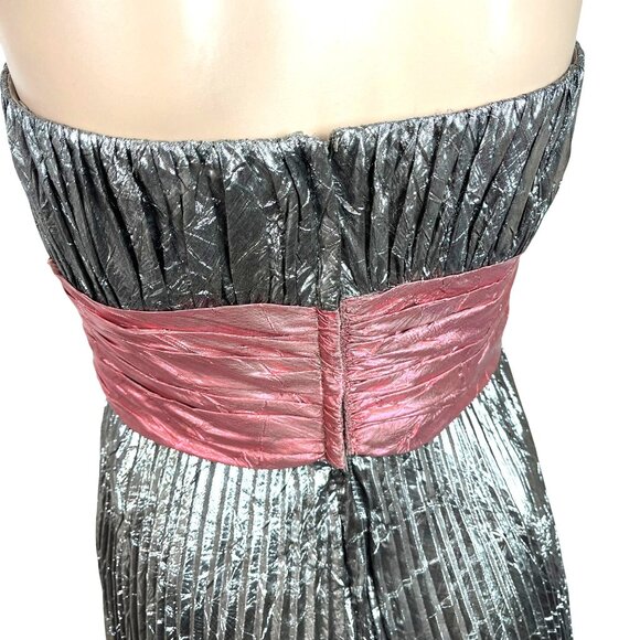 Precious Formals Metallic Silver Strapless Gown Pleated with Scarlet Band Sz 12 - Picture 4 of 10